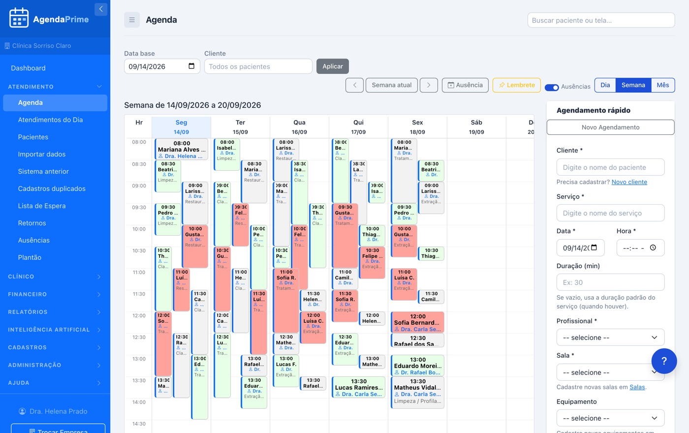 Agenda semanal com uma coluna por profissional e cores por situação